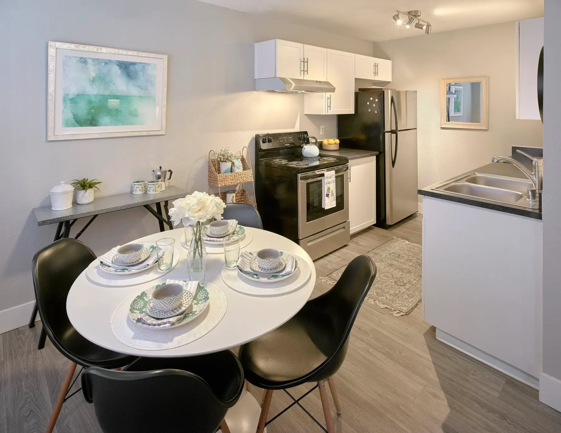 Dining space and kitchen.