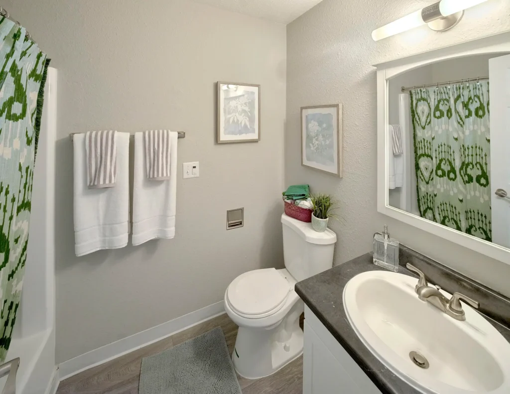 Bathroom with sink, shower/tub, toilet, and mirror.