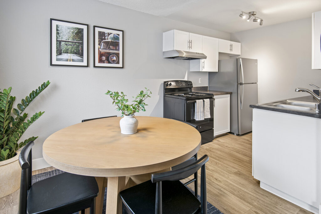 Dining space and kitchen.